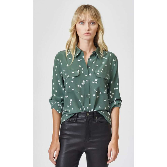 Equipment Womens Slim Signature Shirt Cilantro Nature White Stars Size XXS NWT - Picture 1 of 13
